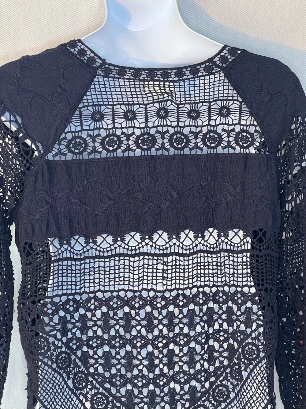 Anthropologie Deletta Crocheted Sweater Navy Long Sleeves Round Neck Boho L 👍